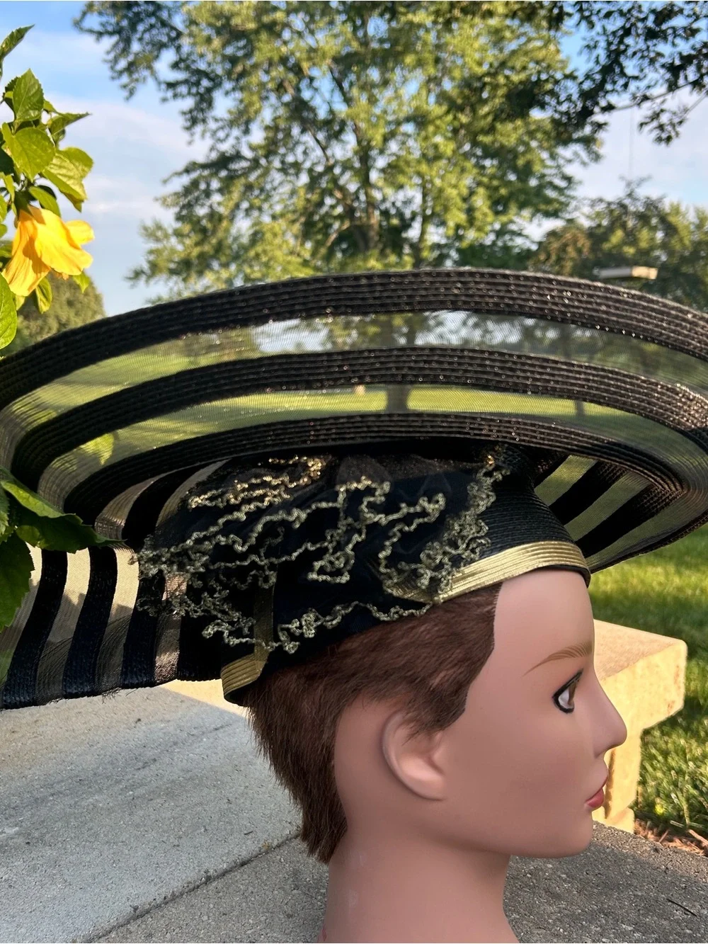 Black Straw‎ Wide Brim Hat Mesh Ruffles gold trim and gold band